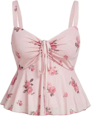 Verdusa Women's Plus Size Boho Floral Camisole Tops Bow Tie Ruffle Backless Peplum Tops