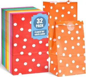 VGOODALL 32 Pack Party Favor Bags, 5" 3"  9.5" Treat Bags with Stickers 8 Colors for Kids Birthday Party Baby Showers Dot Pattern
