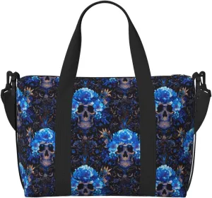 VOSERY Laptop Tote Bag for Women Work - cool blue flower Skull Gym Bag for Women Men, Personal Item Crossbody Travel Bags for Women Men Carry On, Overnight Weekender Bags for Women Travel
