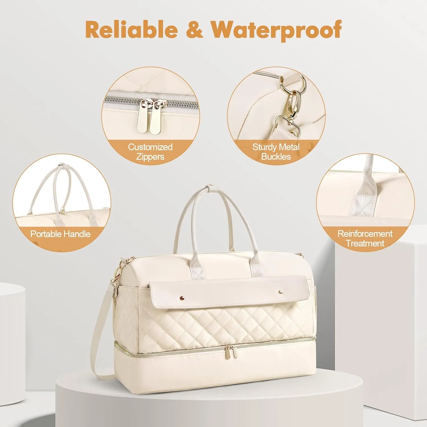 Wedama Travel Duffel Bag, Large Weekender Bag for Women with Shoe Compartment, Carry on Overnight Bag with Toiletry Makeup Bag, Gym Duffel Bag Travel Tote Bag for Travel Gym Camping Hospital, Beige