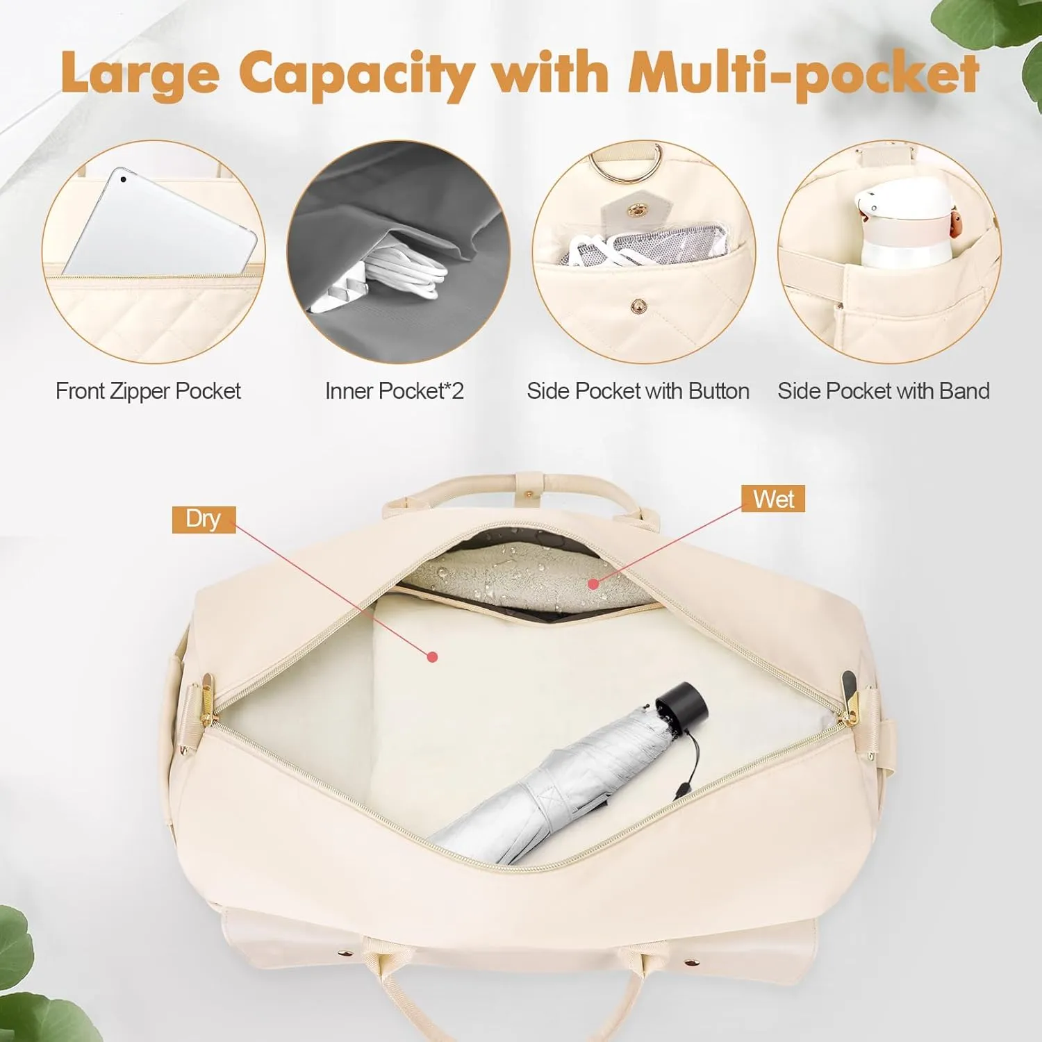 Wedama Travel Duffel Bag, Large Weekender Bag for Women with Shoe Compartment, Carry on Overnight Bag with Toiletry Makeup Bag, Gym Duffel Bag Travel Tote Bag for Travel Gym Camping Hospital, Beige
