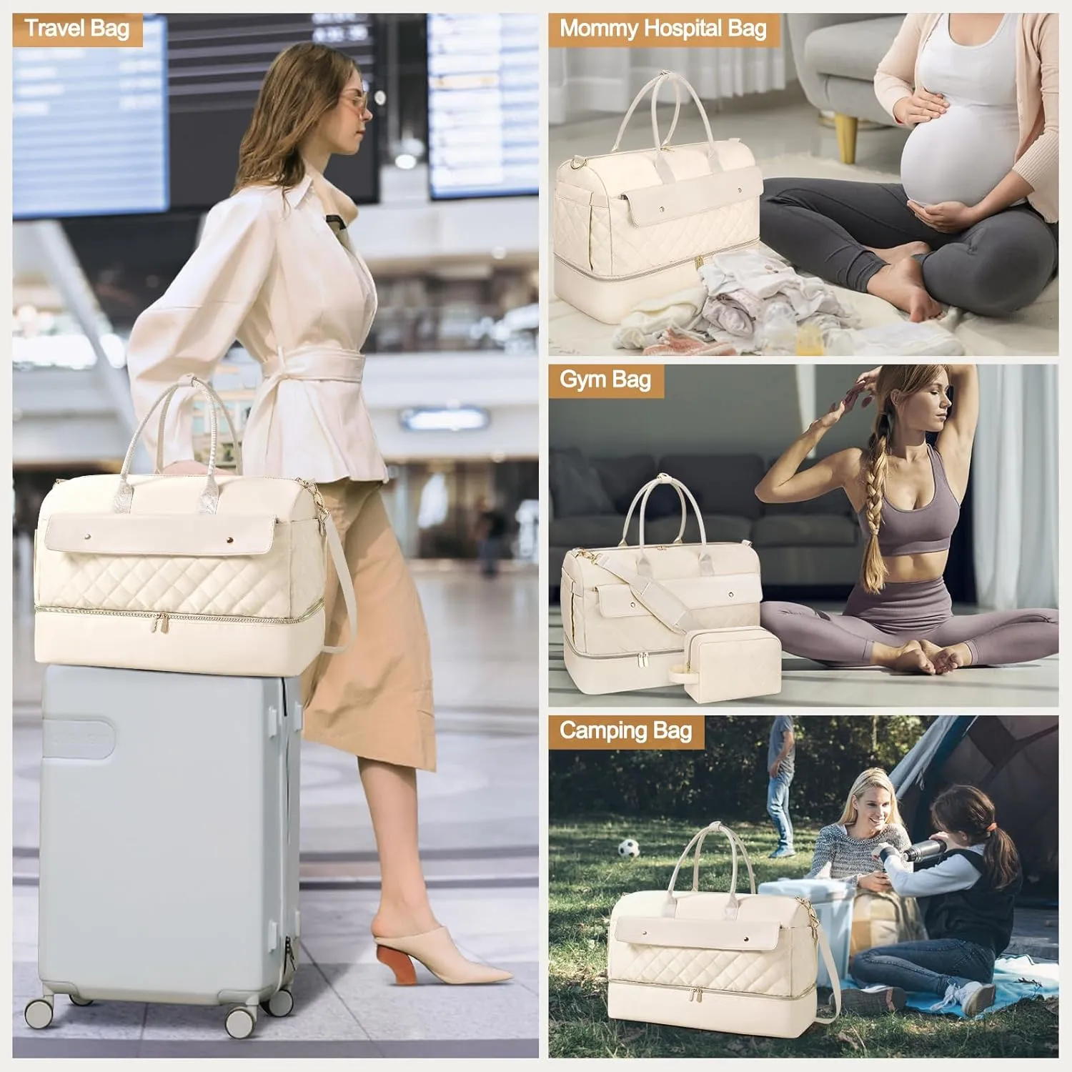 Wedama Travel Duffel Bag, Large Weekender Bag for Women with Shoe Compartment, Carry on Overnight Bag with Toiletry Makeup Bag, Gym Duffel Bag Travel Tote Bag for Travel Gym Camping Hospital, Beige