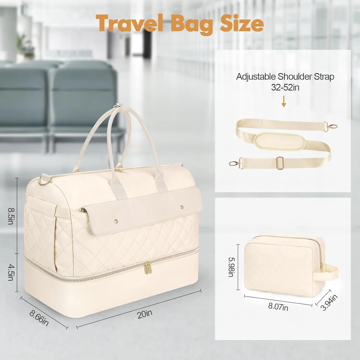 Wedama Travel Duffel Bag, Large Weekender Bag for Women with Shoe Compartment, Carry on Overnight Bag with Toiletry Makeup Bag, Gym Duffel Bag Travel Tote Bag for Travel Gym Camping Hospital, Beige