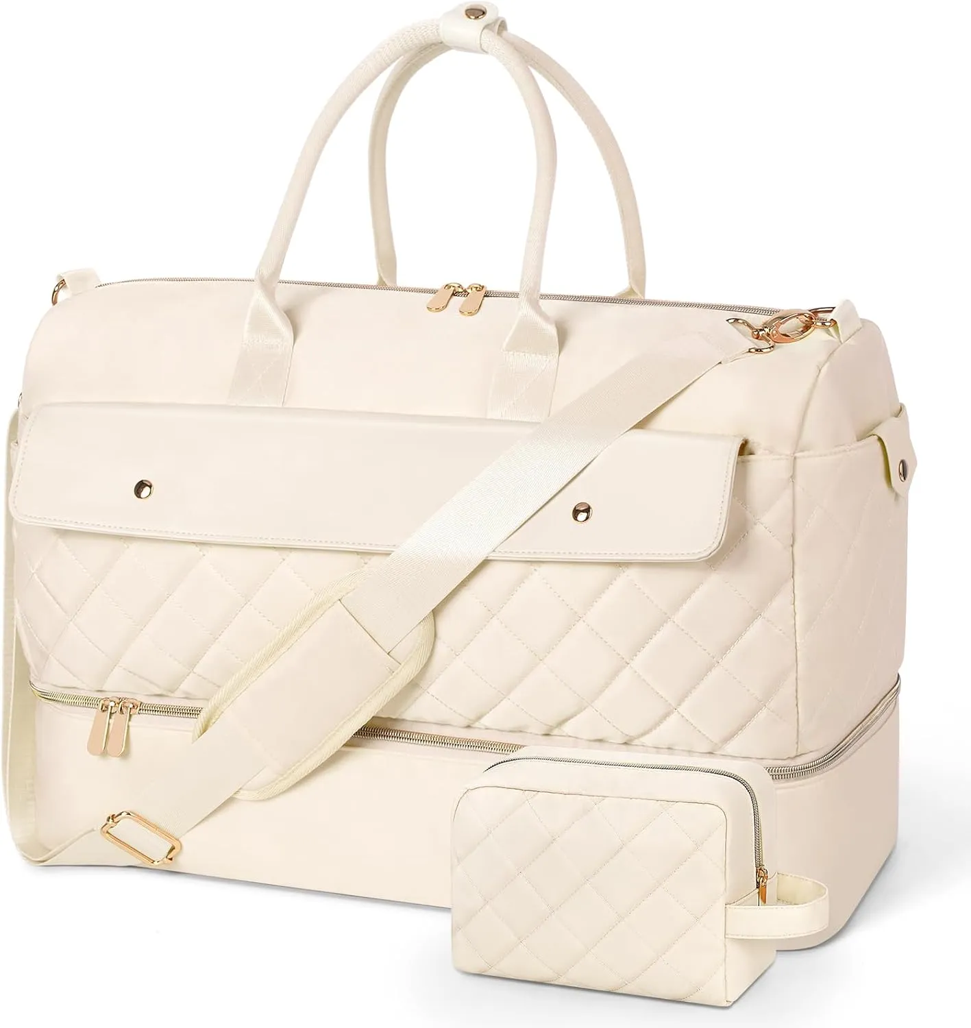 Wedama Travel Duffel Bag, Large Weekender Bag for Women with Shoe Compartment, Carry on Overnight Bag with Toiletry Makeup Bag, Gym Duffel Bag Travel Tote Bag for Travel Gym Camping Hospital, Beige