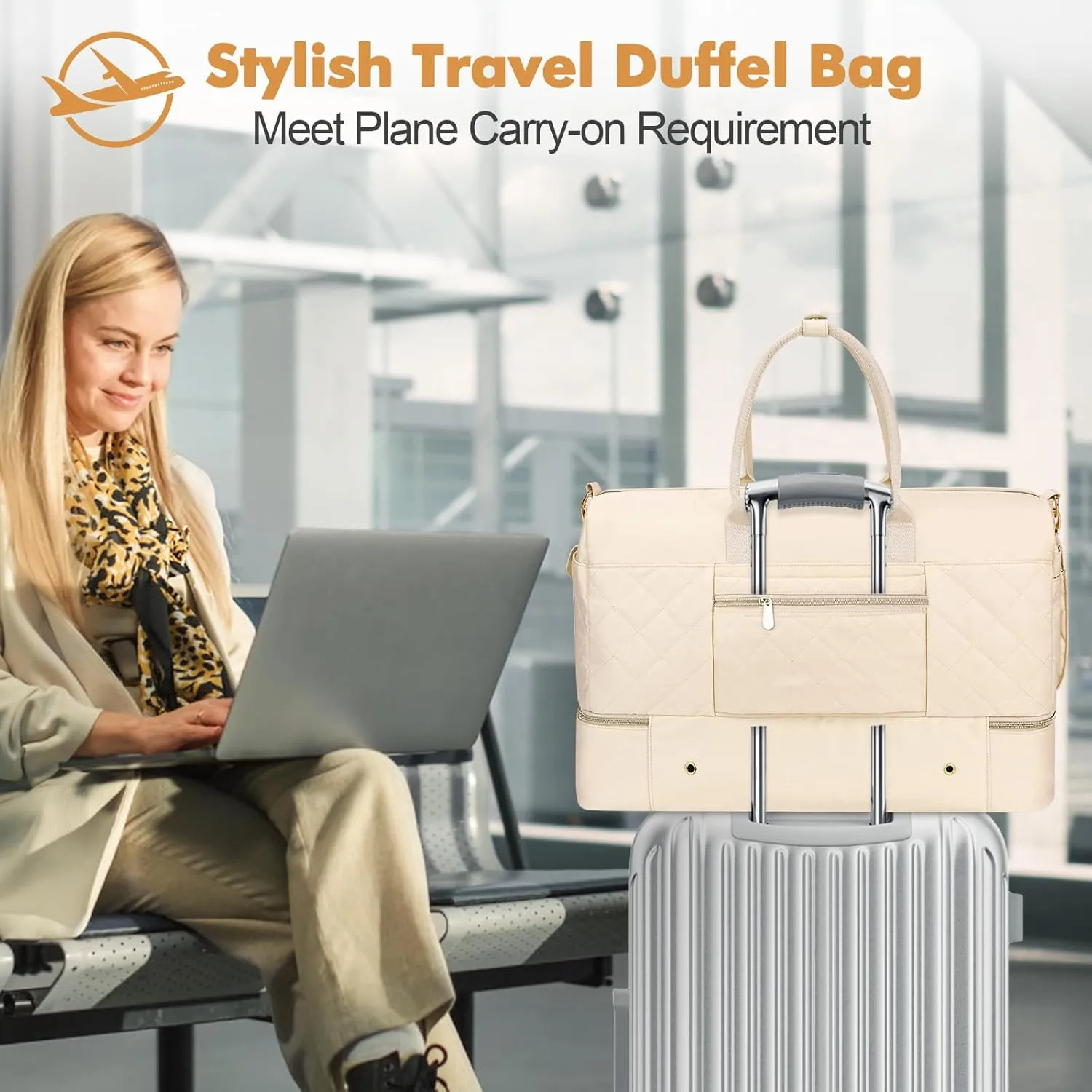 Wedama Travel Duffel Bag, Large Weekender Bag for Women with Shoe Compartment, Carry on Overnight Bag with Toiletry Makeup Bag, Gym Duffel Bag Travel Tote Bag for Travel Gym Camping Hospital, Beige
