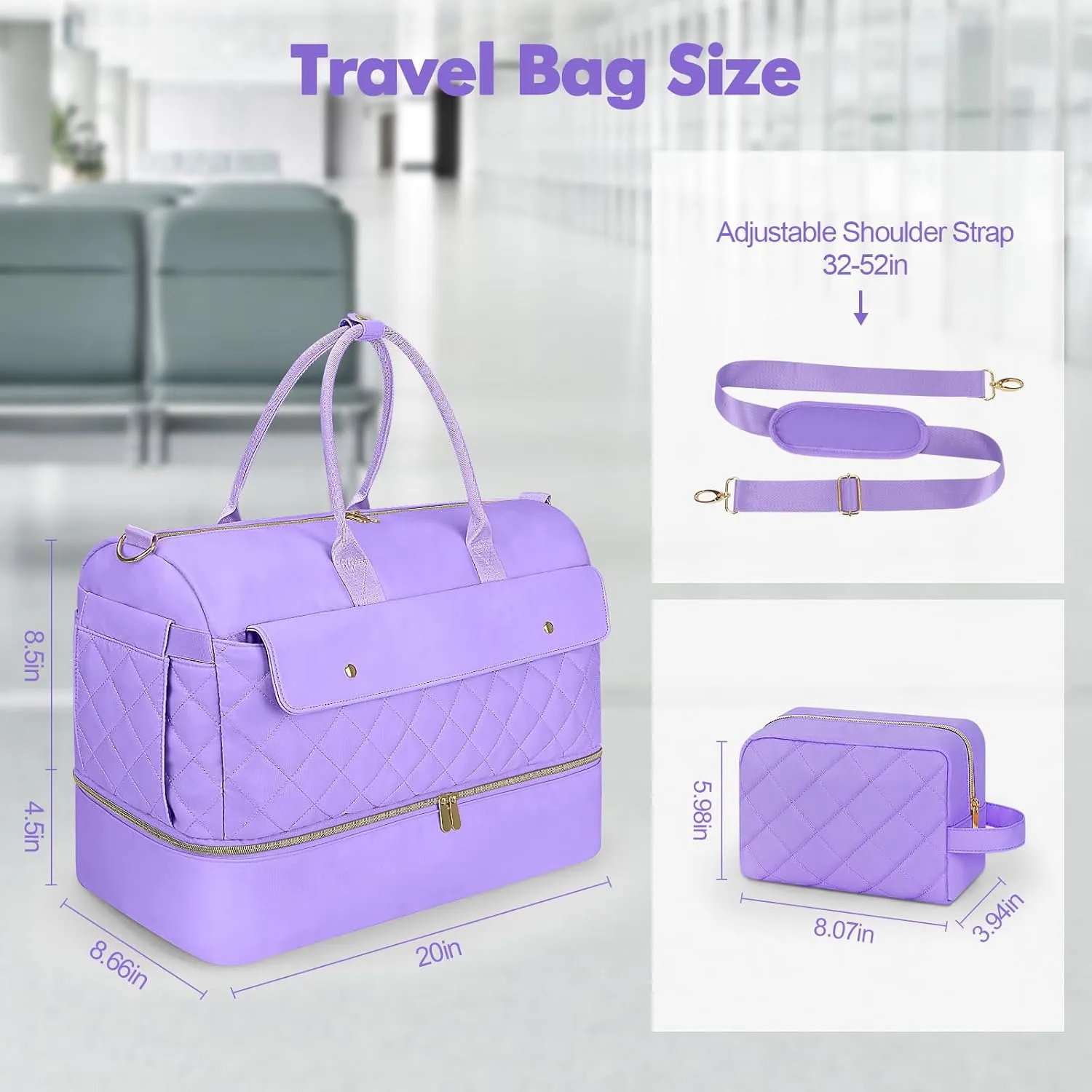 Wedama Weekender Bags for Women, Large Travel Duffel Bag with Shoe Compartment, Carry on Overnight Bag with Toiletry Makeup Bag, Gym Duffel Bag for Travel Gym Camping Hospital, Purple