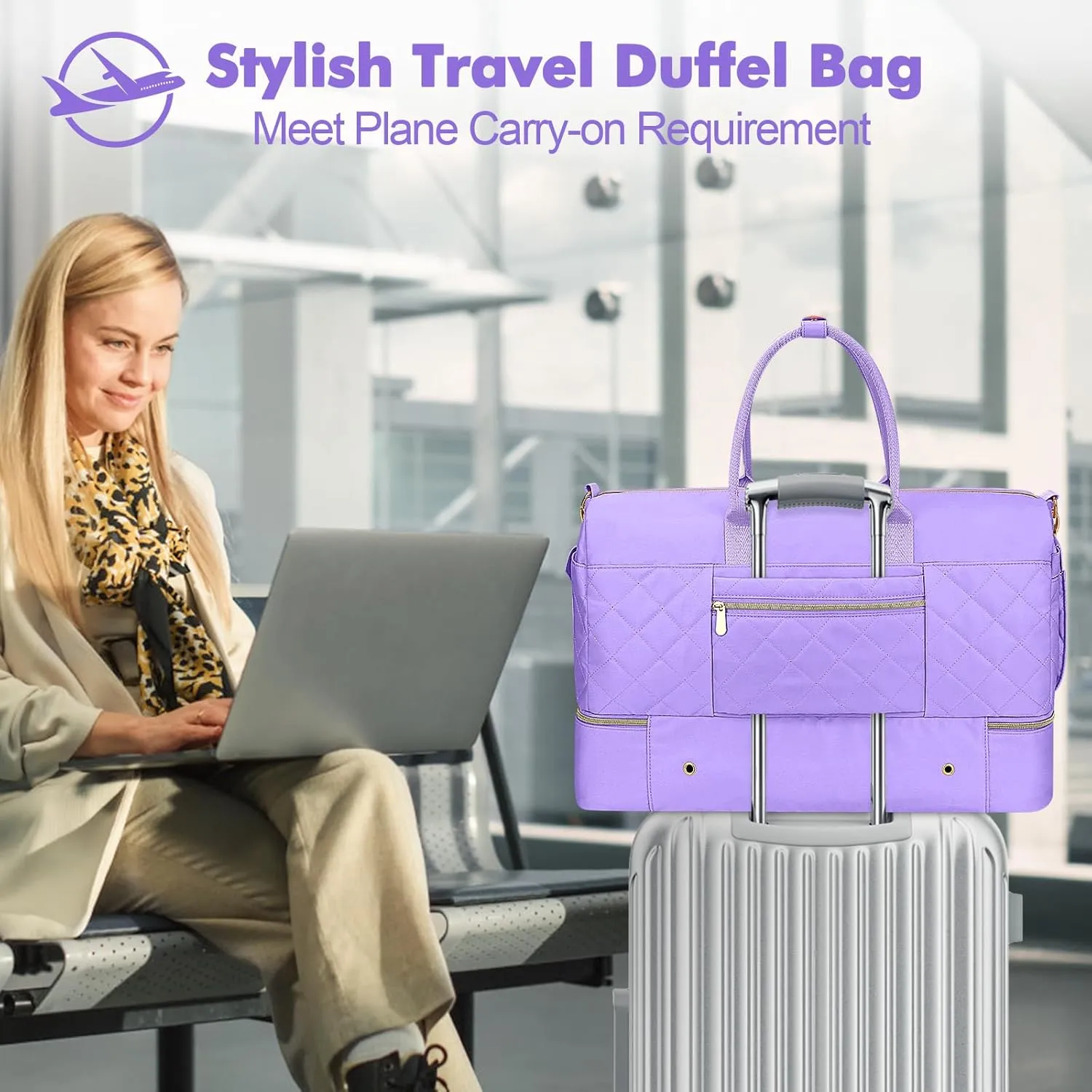 Wedama Weekender Bags for Women, Large Travel Duffel Bag with Shoe Compartment, Carry on Overnight Bag with Toiletry Makeup Bag, Gym Duffel Bag for Travel Gym Camping Hospital, Purple