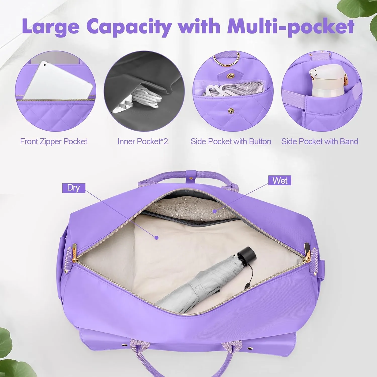Wedama Weekender Bags for Women, Large Travel Duffel Bag with Shoe Compartment, Carry on Overnight Bag with Toiletry Makeup Bag, Gym Duffel Bag for Travel Gym Camping Hospital, Purple