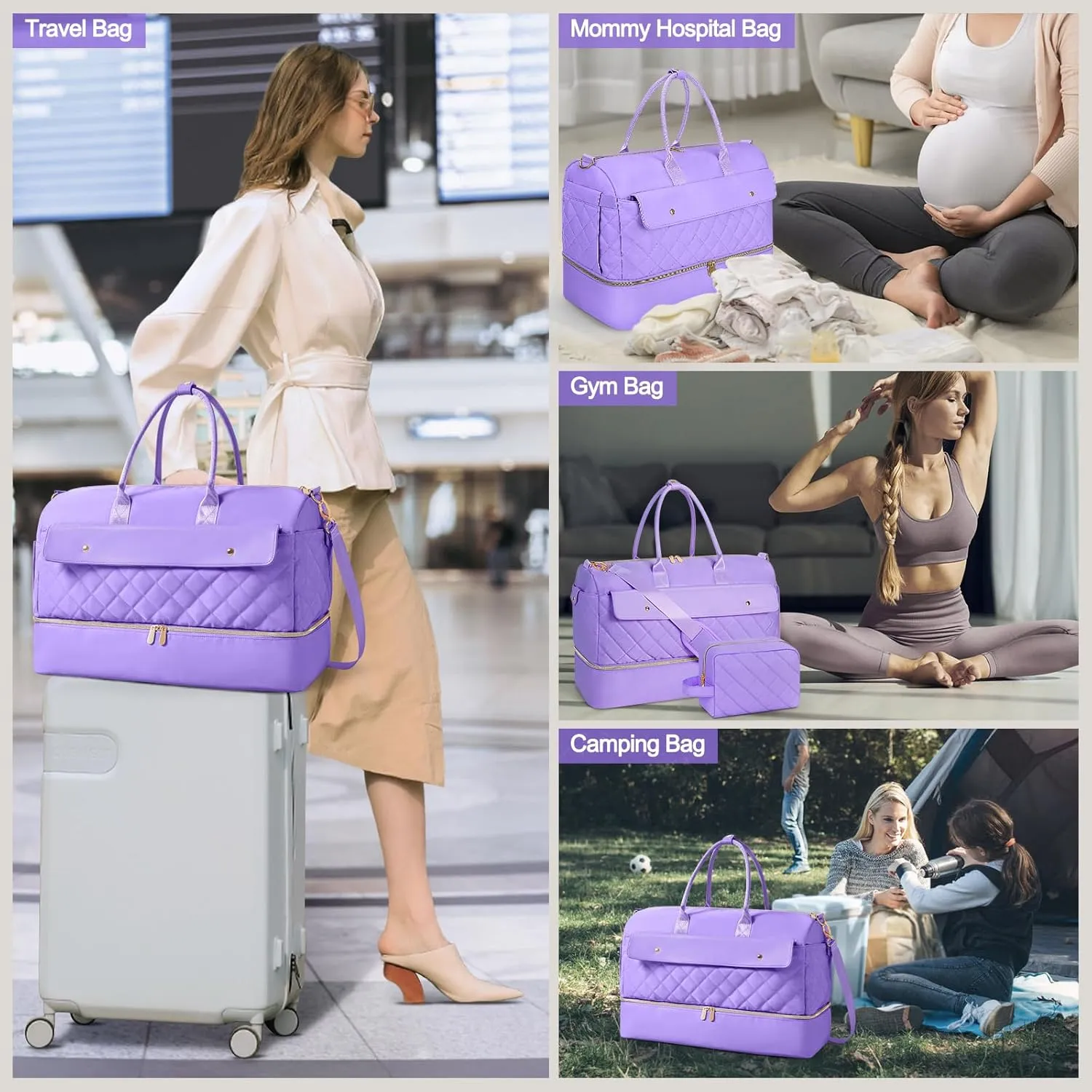 Wedama Weekender Bags for Women, Large Travel Duffel Bag with Shoe Compartment, Carry on Overnight Bag with Toiletry Makeup Bag, Gym Duffel Bag for Travel Gym Camping Hospital, Purple