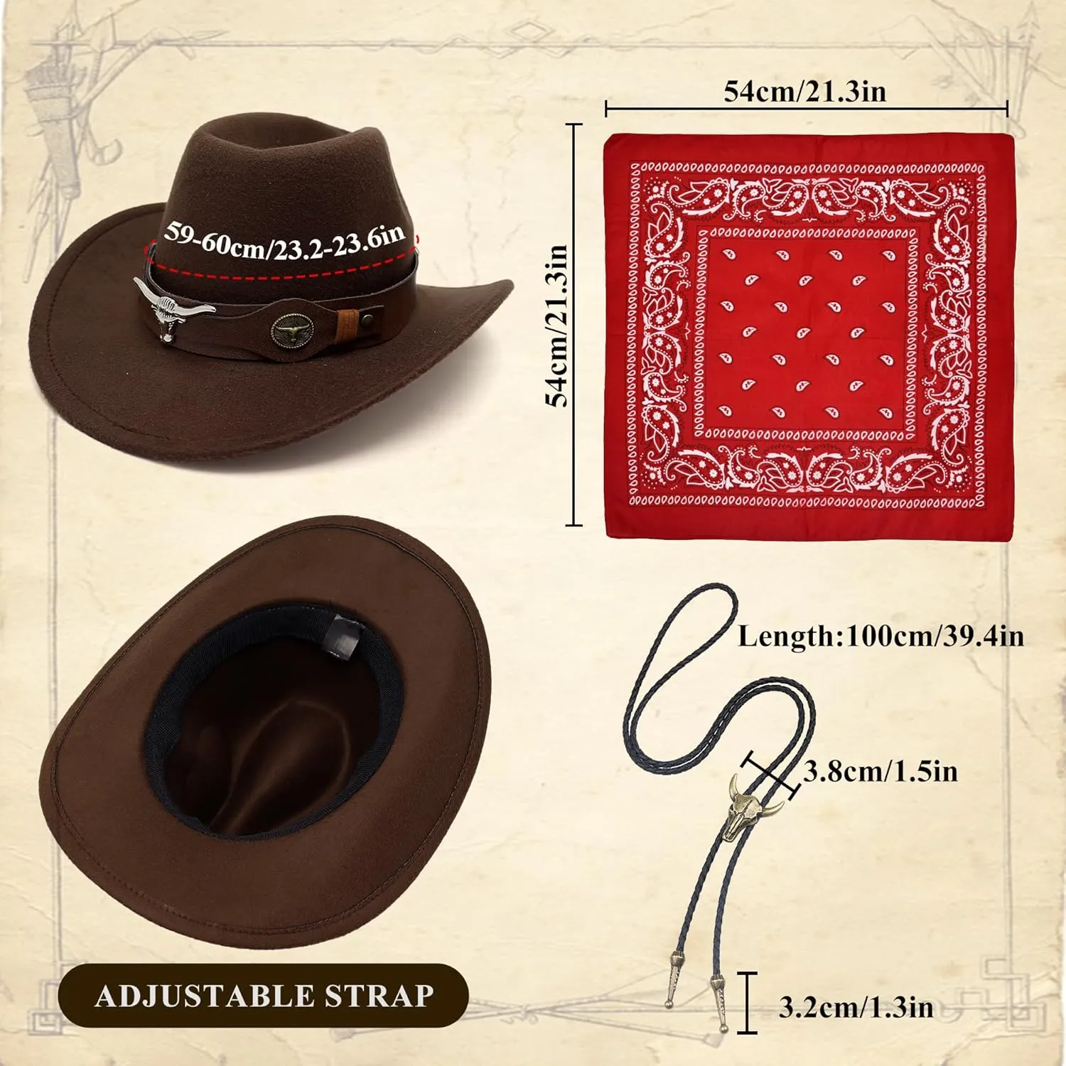 Western Cowboy Costume Men Tasseled Vest Hat Bandana Necklace Cowboy Outfit Accessories for Halloween Cosplay