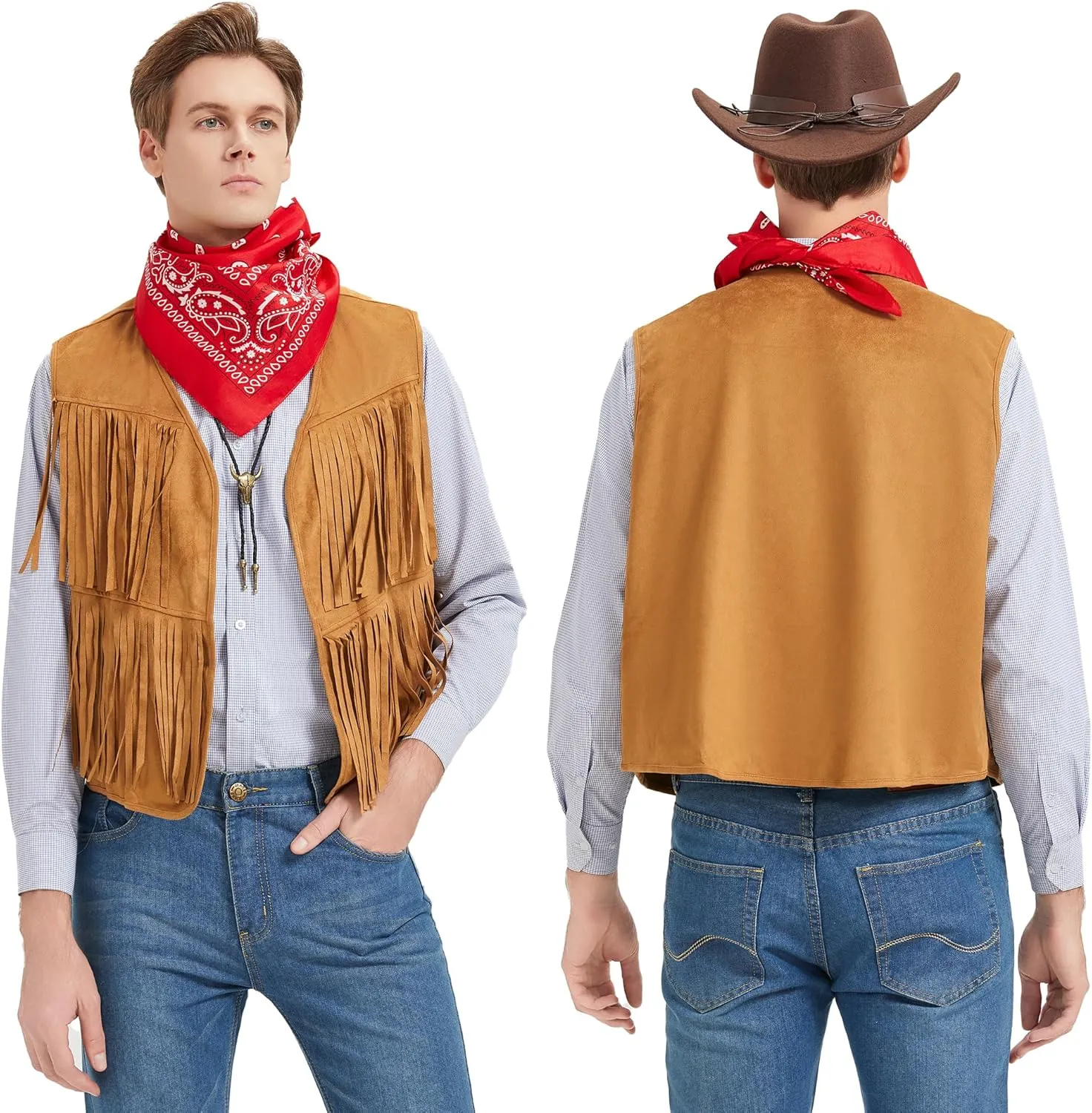 Western Cowboy Costume Men Tasseled Vest Hat Bandana Necklace Cowboy Outfit Accessories for Halloween Cosplay