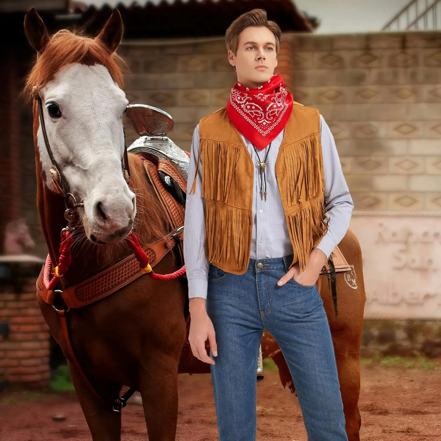 Western Cowboy Costume Men Tasseled Vest Hat Bandana Necklace Cowboy Outfit Accessories for Halloween Cosplay