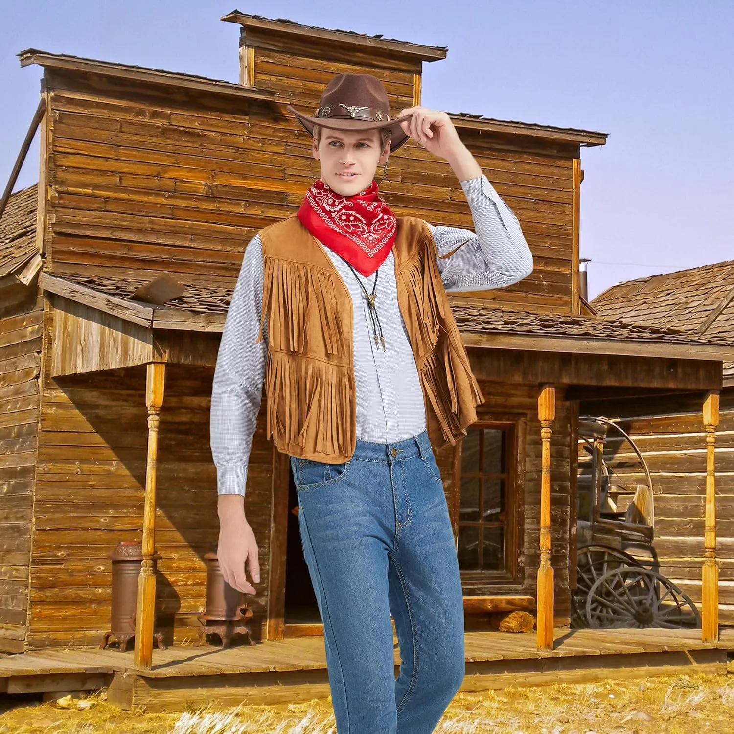 Western Cowboy Costume Men Tasseled Vest Hat Bandana Necklace Cowboy Outfit Accessories for Halloween Cosplay