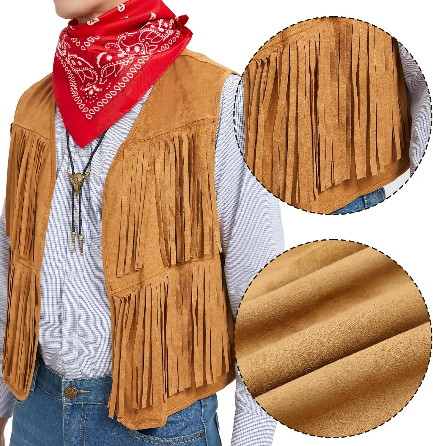 Western Cowboy Costume Men Tasseled Vest Hat Bandana Necklace Cowboy Outfit Accessories for Halloween Cosplay