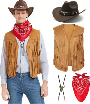 Western Cowboy Costume Men Tasseled Vest Hat Bandana Necklace Cowboy Outfit Accessories for Halloween Cosplay