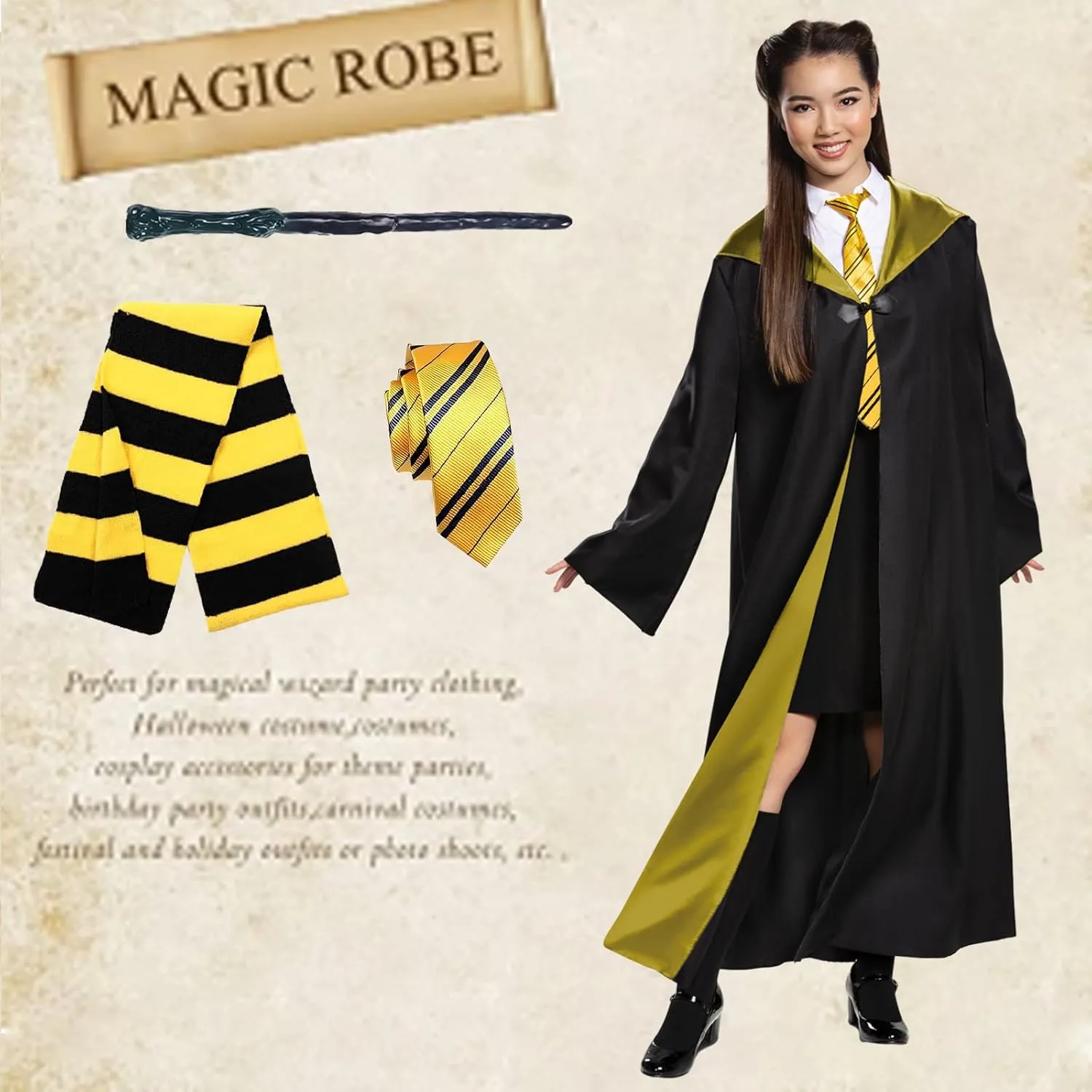 Wizard Costume Cosplay Set, Wizard Cloak Robe for Adults Teens, Wizarding Halloween Costume Accessories for Party