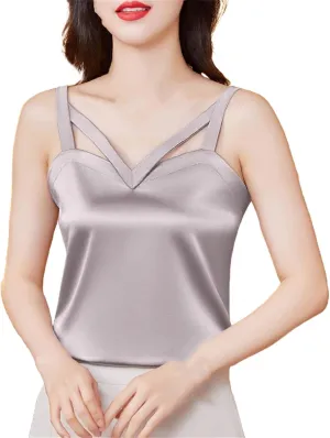 Women Black Camisole Vest Shirt Spring Silk Satin Tank Tops Sleeveless Hollow Out Tops