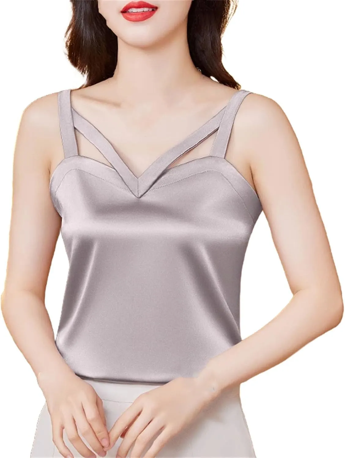 Women Black Camisole Vest Shirt Spring Silk Satin Tank Tops Sleeveless Hollow Out Tops