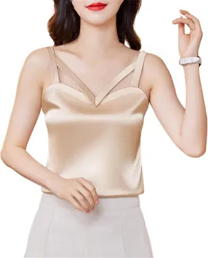 Women Black Camisole Vest Shirt Spring Silk Satin Tank Tops Sleeveless Hollow Out Tops
