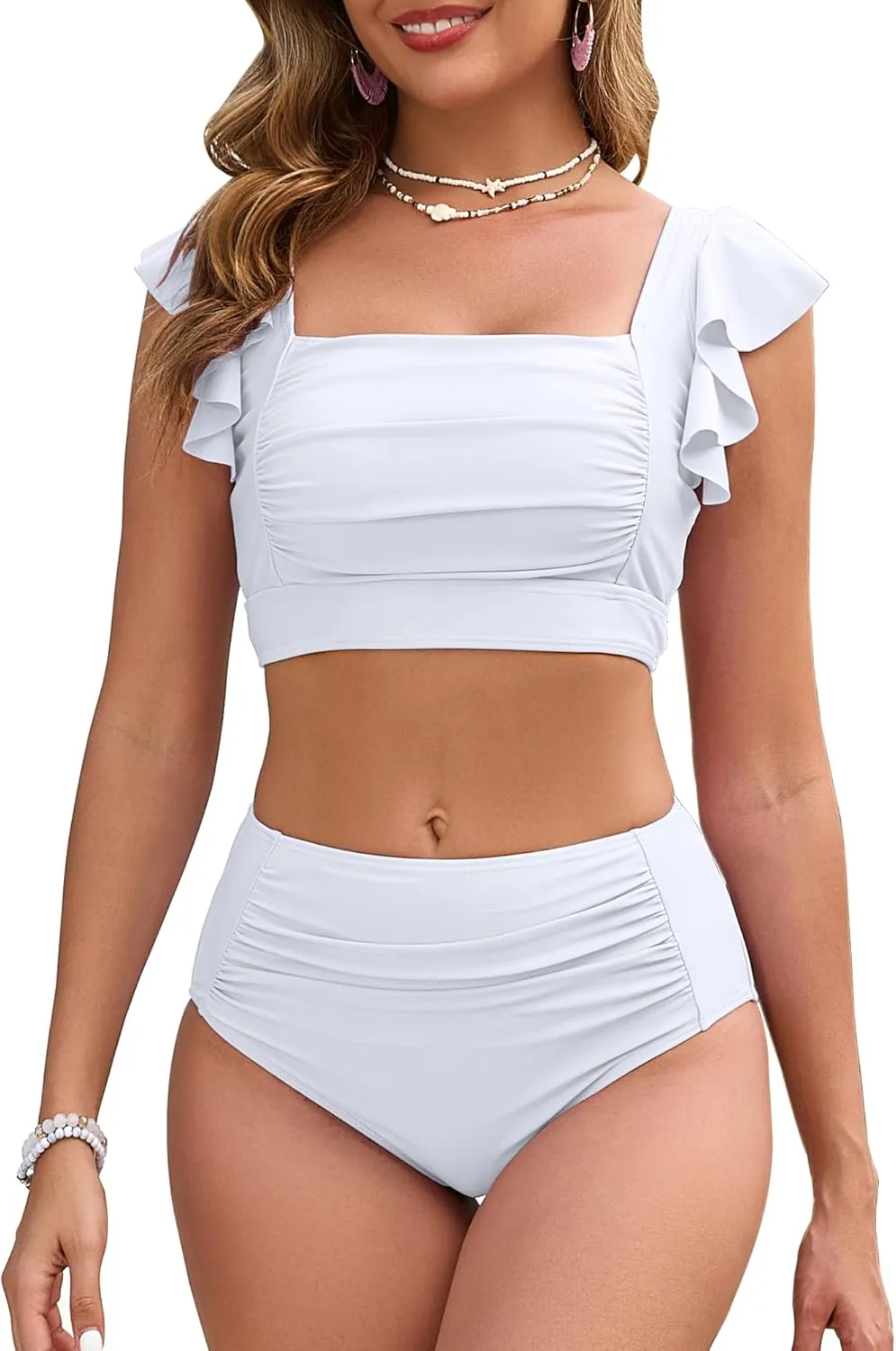 Women High Waisted Bikini Sets Square Neck Swimsuits Ruffle Cheeky Tummy Control Solid Two Piece Bathing Suit