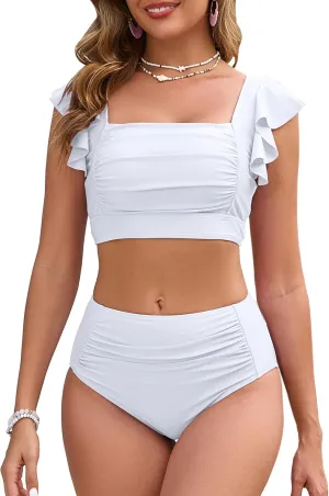 Women High Waisted Bikini Sets Square Neck Swimsuits Ruffle Cheeky Tummy Control Solid Two Piece Bathing Suit