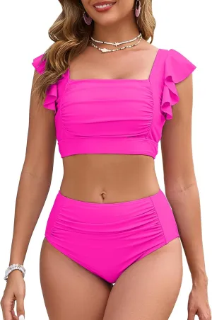 Women High Waisted Bikini Sets Square Neck Swimsuits Ruffle Cheeky Tummy Control Solid Two Piece Bathing Suit
