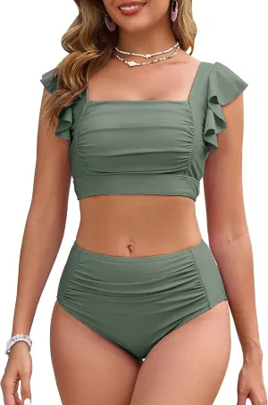 Women High Waisted Bikini Sets Square Neck Swimsuits Ruffle Cheeky Tummy Control Solid Two Piece Bathing Suit