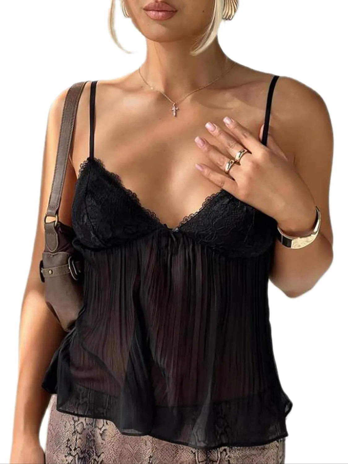 Women Lace Trim Spaghetti Strap Camisoles Summer V Neck Crop Tops Y2k Sleeveless Backless Sling Tank Tops