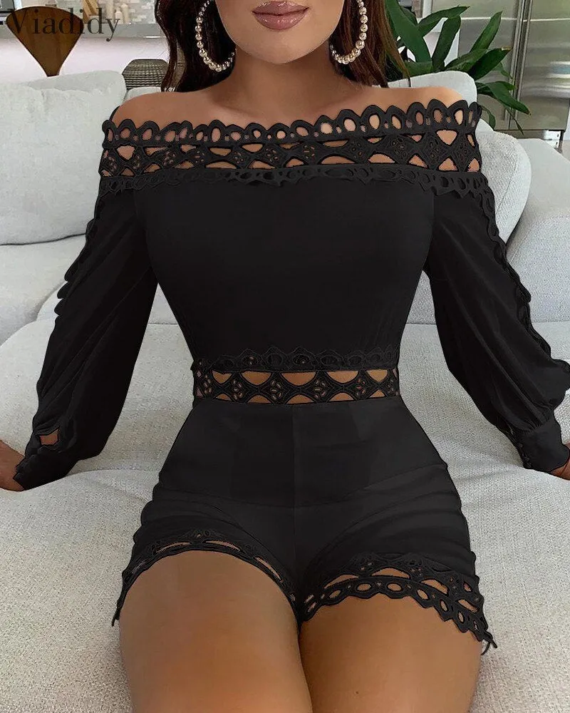 Women Off Shoulder White Black Regular Rompers Solid Color Lace Patchwork Slash Neck Hollow Out Playsuits