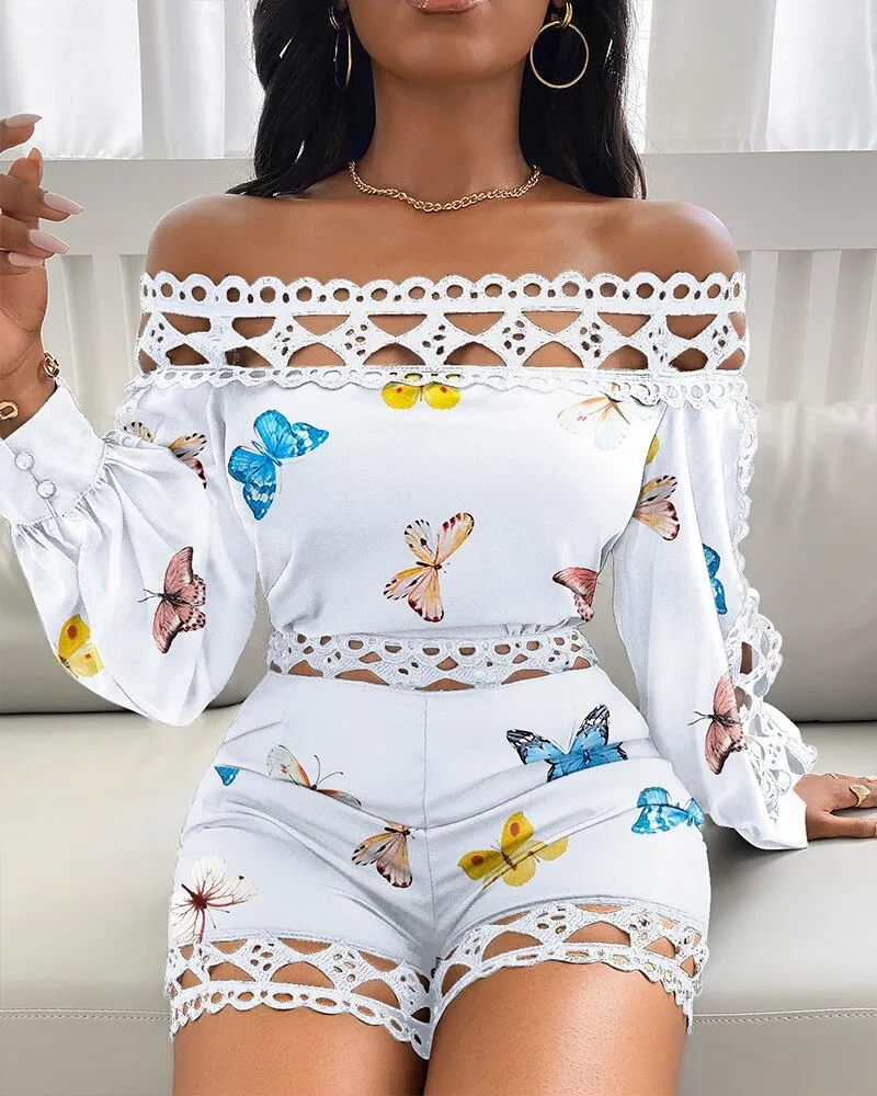 Women Off Shoulder White Black Regular Rompers Solid Color Lace Patchwork Slash Neck Hollow Out Playsuits