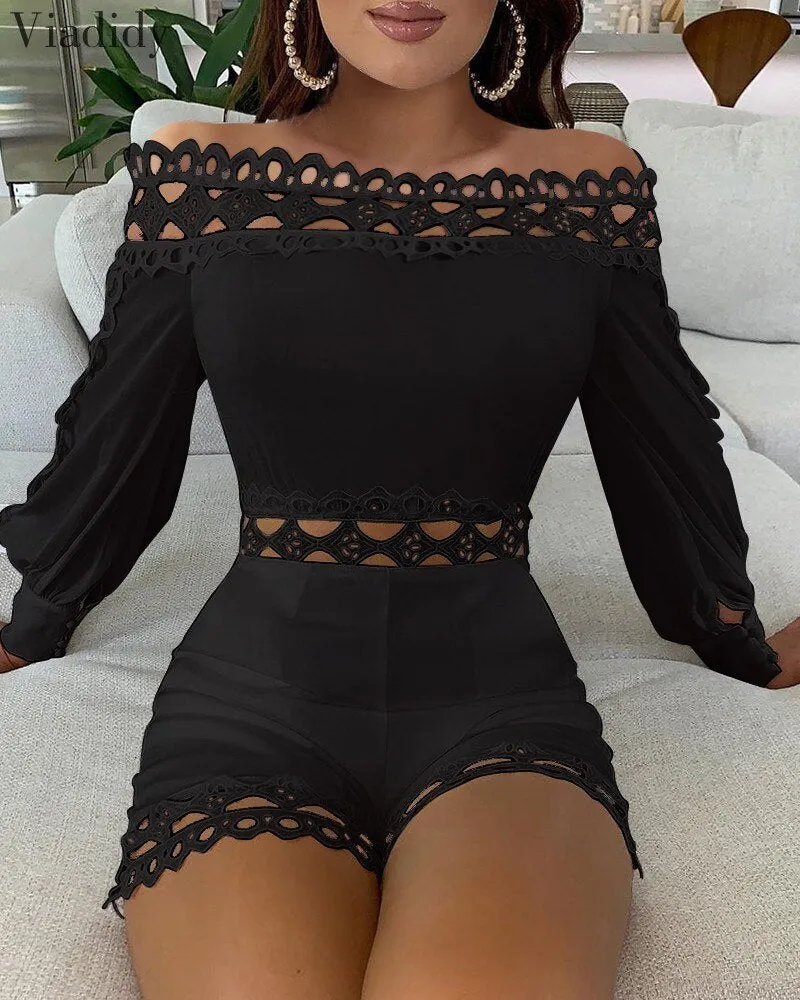 Women Off Shoulder White Black Regular Rompers Solid Color Lace Patchwork Slash Neck Hollow Out Playsuits