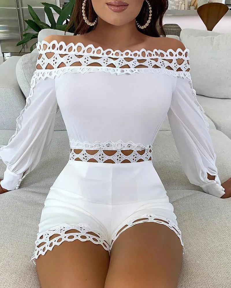 Women Off Shoulder White Black Regular Rompers Solid Color Lace Patchwork Slash Neck Hollow Out Playsuits
