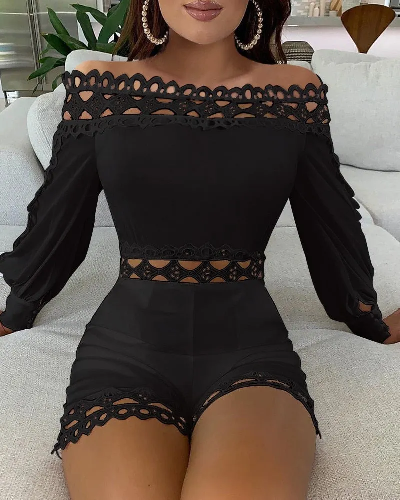 Women Off Shoulder White Black Regular Rompers Solid Color Lace Patchwork Slash Neck Hollow Out Playsuits