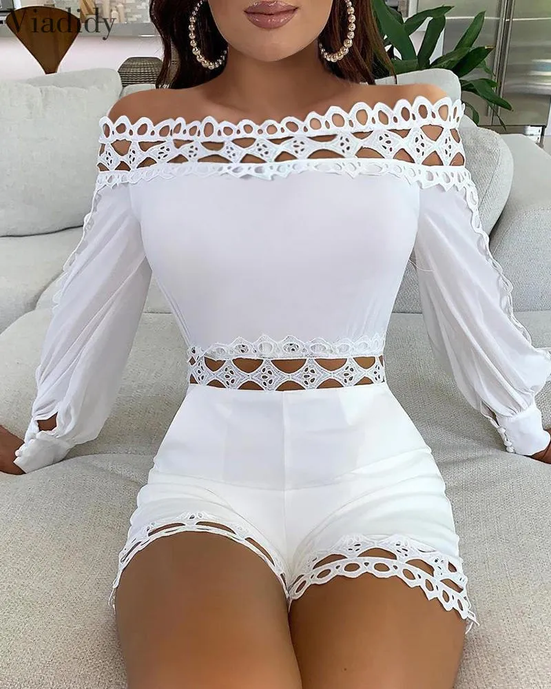 Women Off Shoulder White Black Regular Rompers Solid Color Lace Patchwork Slash Neck Hollow Out Playsuits