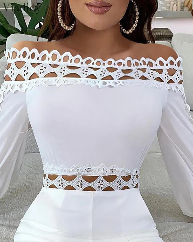 Women Off Shoulder White Black Regular Rompers Solid Color Lace Patchwork Slash Neck Hollow Out Playsuits