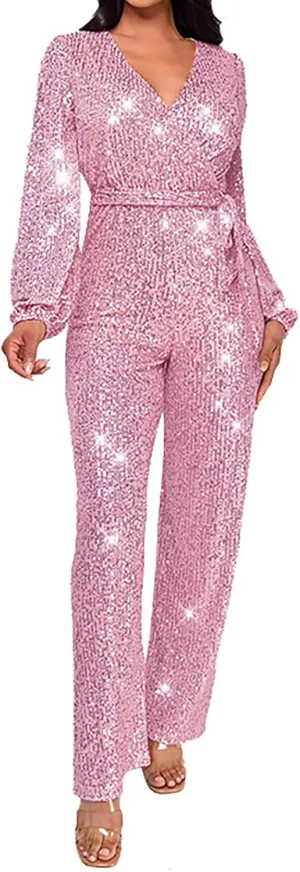 Women Sequin Party Clubwear Romper Glitter Shiny Wrap V Neck Sexy Long Sleeve Jumpsuit Straight Wide Long Pants