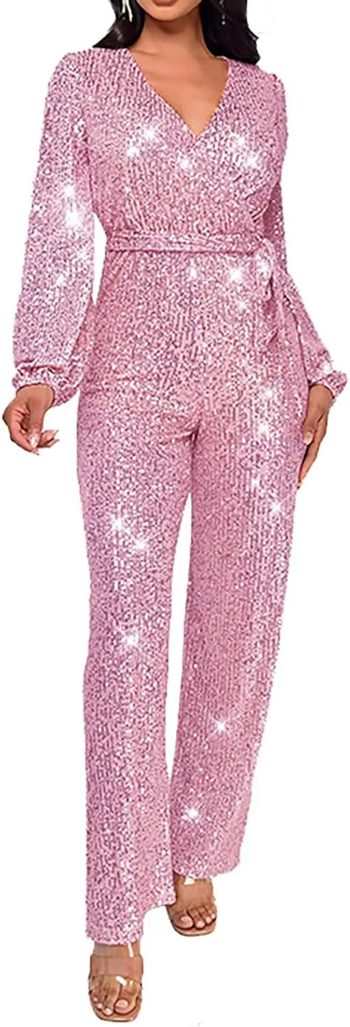 Women Sequin Party Clubwear Romper Glitter Shiny Wrap V Neck Sexy Long Sleeve Jumpsuit Straight Wide Long Pants