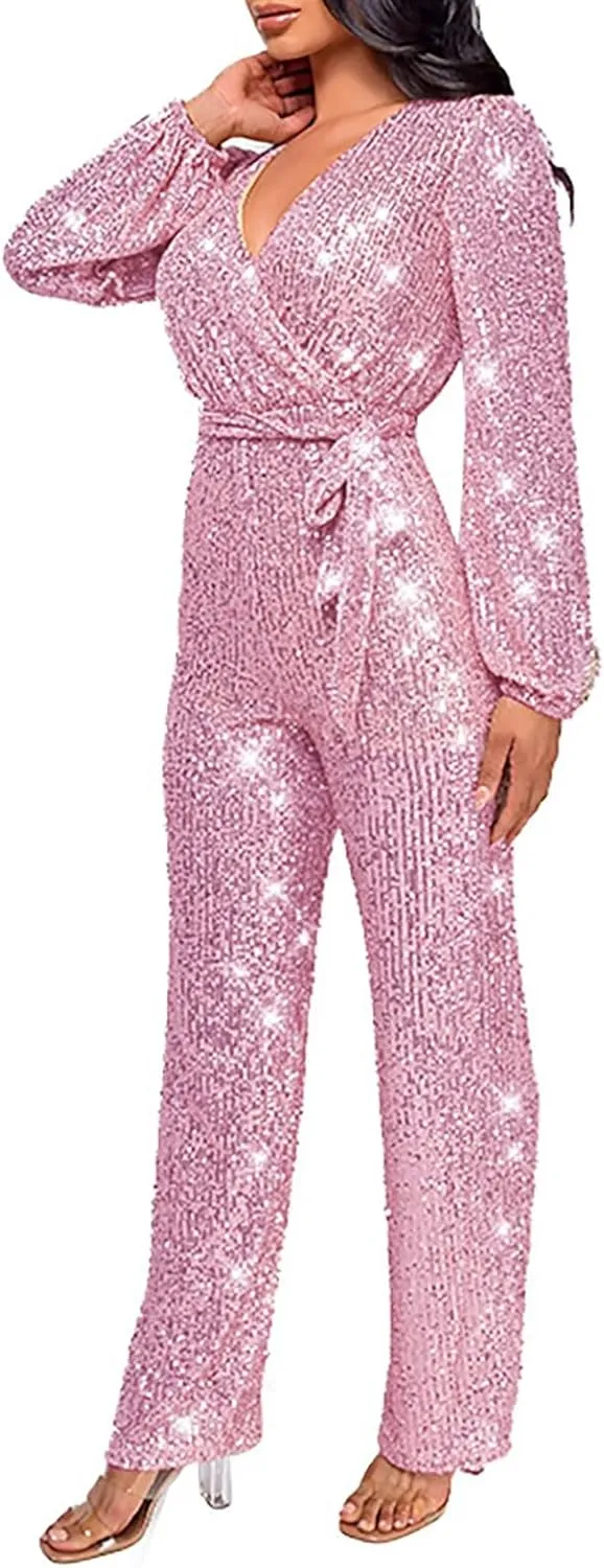 Women Sequin Party Clubwear Romper Glitter Shiny Wrap V Neck Sexy Long Sleeve Jumpsuit Straight Wide Long Pants