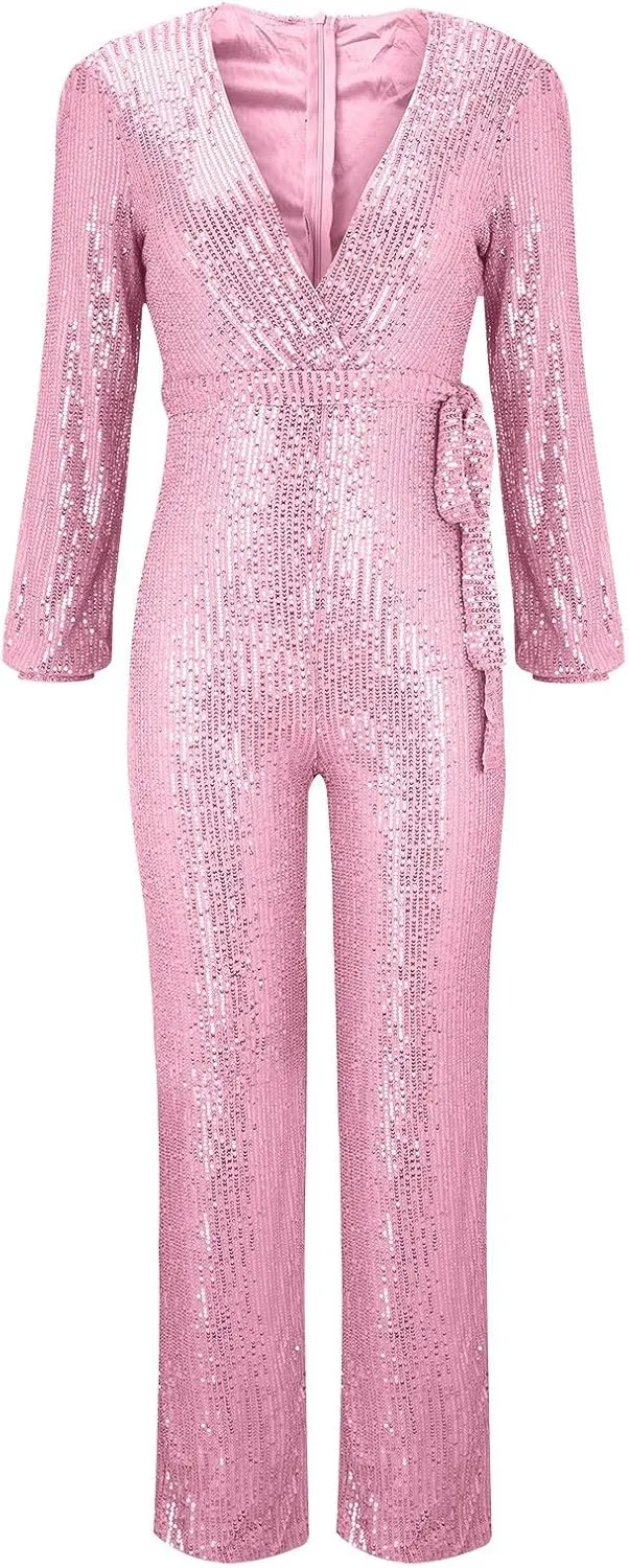 Women Sequin Party Clubwear Romper Glitter Shiny Wrap V Neck Sexy Long Sleeve Jumpsuit Straight Wide Long Pants