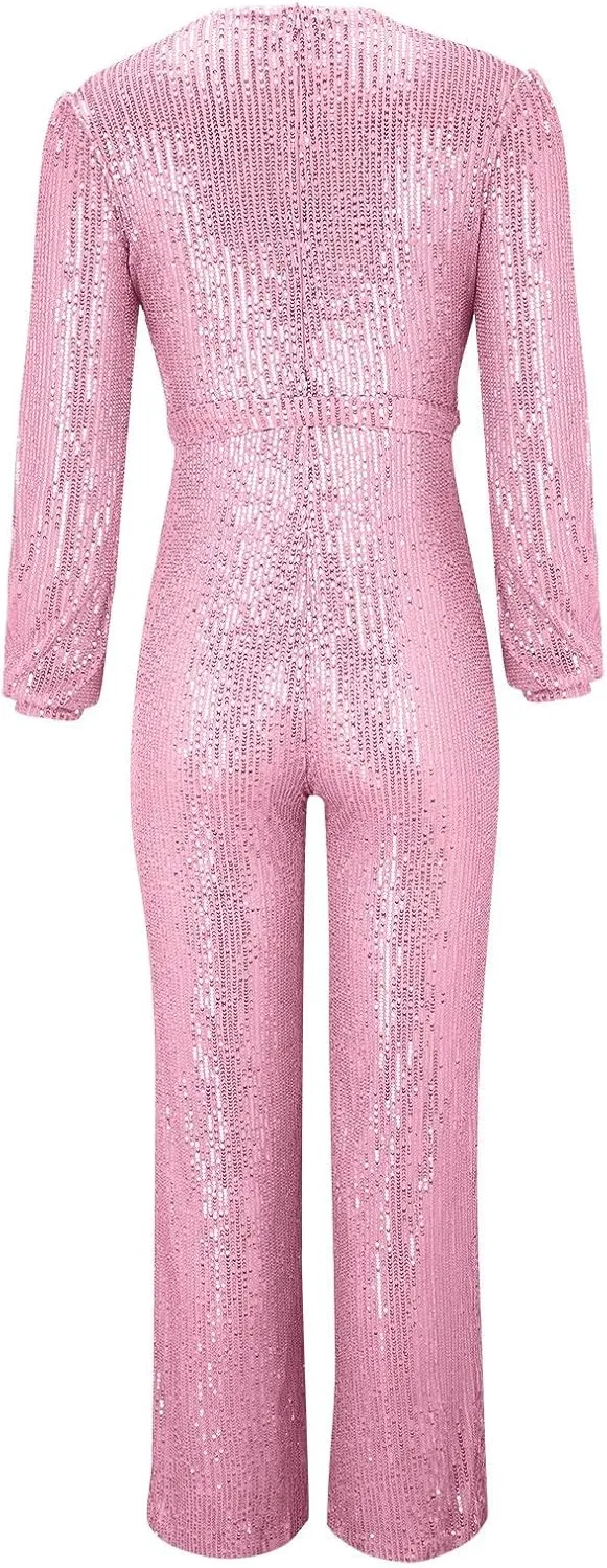 Women Sequin Party Clubwear Romper Glitter Shiny Wrap V Neck Sexy Long Sleeve Jumpsuit Straight Wide Long Pants
