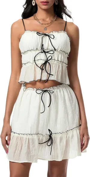 Women Y2k 2 Piece Outfits Ruched Ruffle Front Tie-Up Camisoles and Maxi Skirt Set Tank Top Beachwear