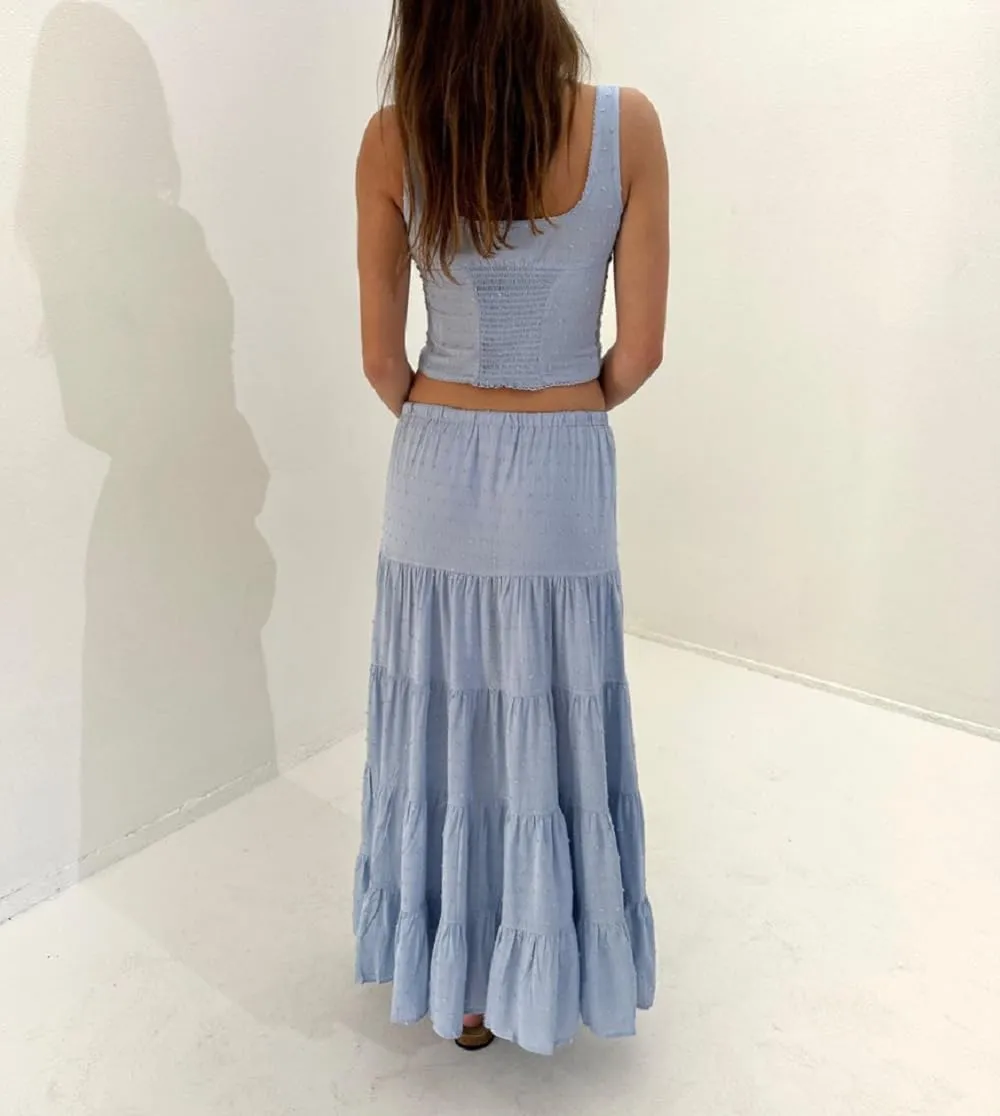 Women Y2K 2 Piece Skirt Set Spaghetti Strap Cropped Cami Ruffle Tiered Flowy Maxi Skirt Vacation Beach Outfits