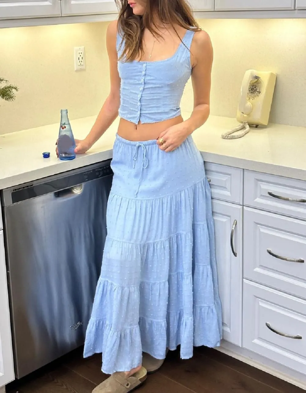 Women Y2K 2 Piece Skirt Set Spaghetti Strap Cropped Cami Ruffle Tiered Flowy Maxi Skirt Vacation Beach Outfits