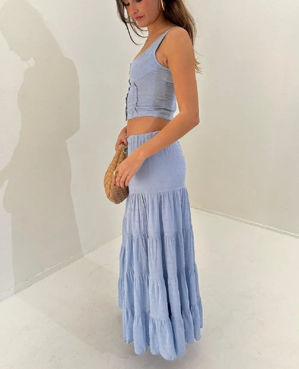 Women Y2K 2 Piece Skirt Set Spaghetti Strap Cropped Cami Ruffle Tiered Flowy Maxi Skirt Vacation Beach Outfits