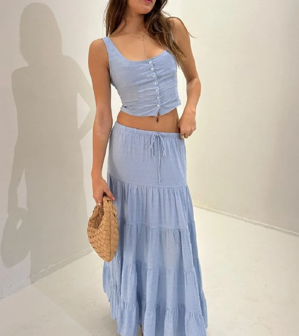 Women Y2K 2 Piece Skirt Set Spaghetti Strap Cropped Cami Ruffle Tiered Flowy Maxi Skirt Vacation Beach Outfits