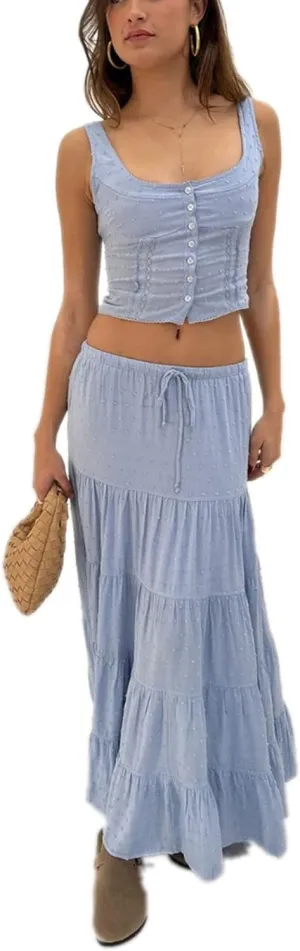 Women Y2K 2 Piece Skirt Set Spaghetti Strap Cropped Cami Ruffle Tiered Flowy Maxi Skirt Vacation Beach Outfits
