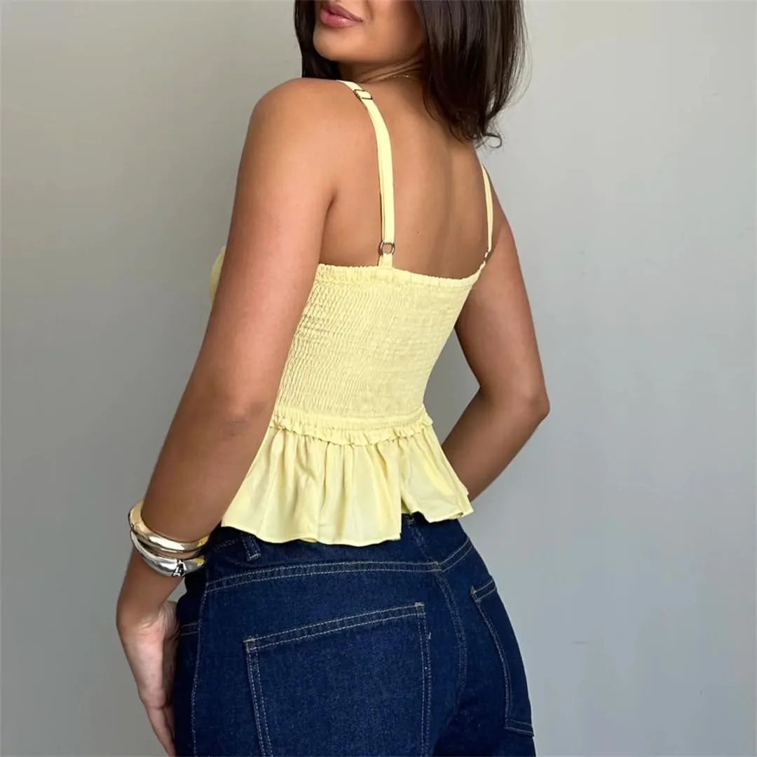 Women Y2K Babydoll Peplum Cami Shirt Spaghetti Strap V Neck Ruffle Hem Camisole Sleeveless Tops
