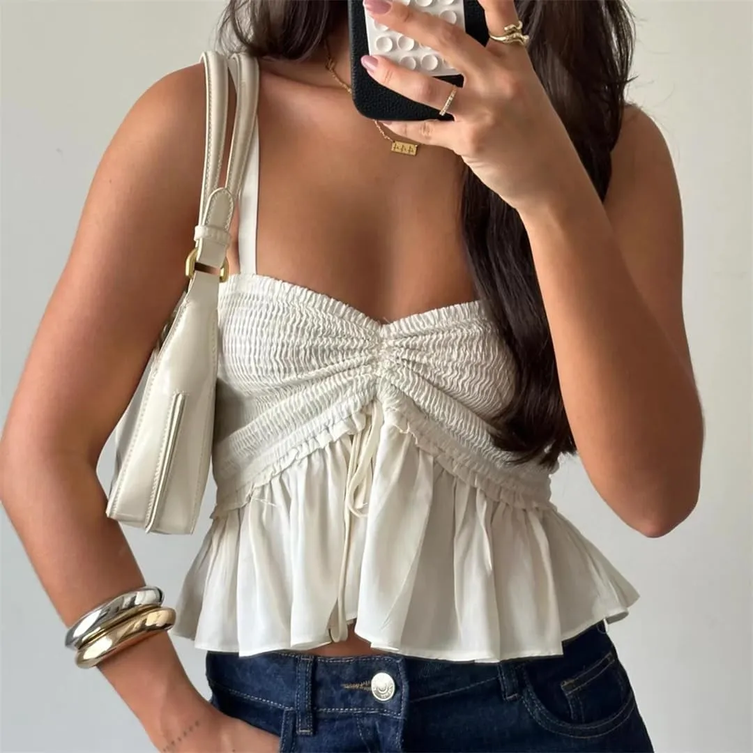 Women Y2K Babydoll Peplum Cami Shirt Spaghetti Strap V Neck Ruffle Hem Camisole Sleeveless Tops