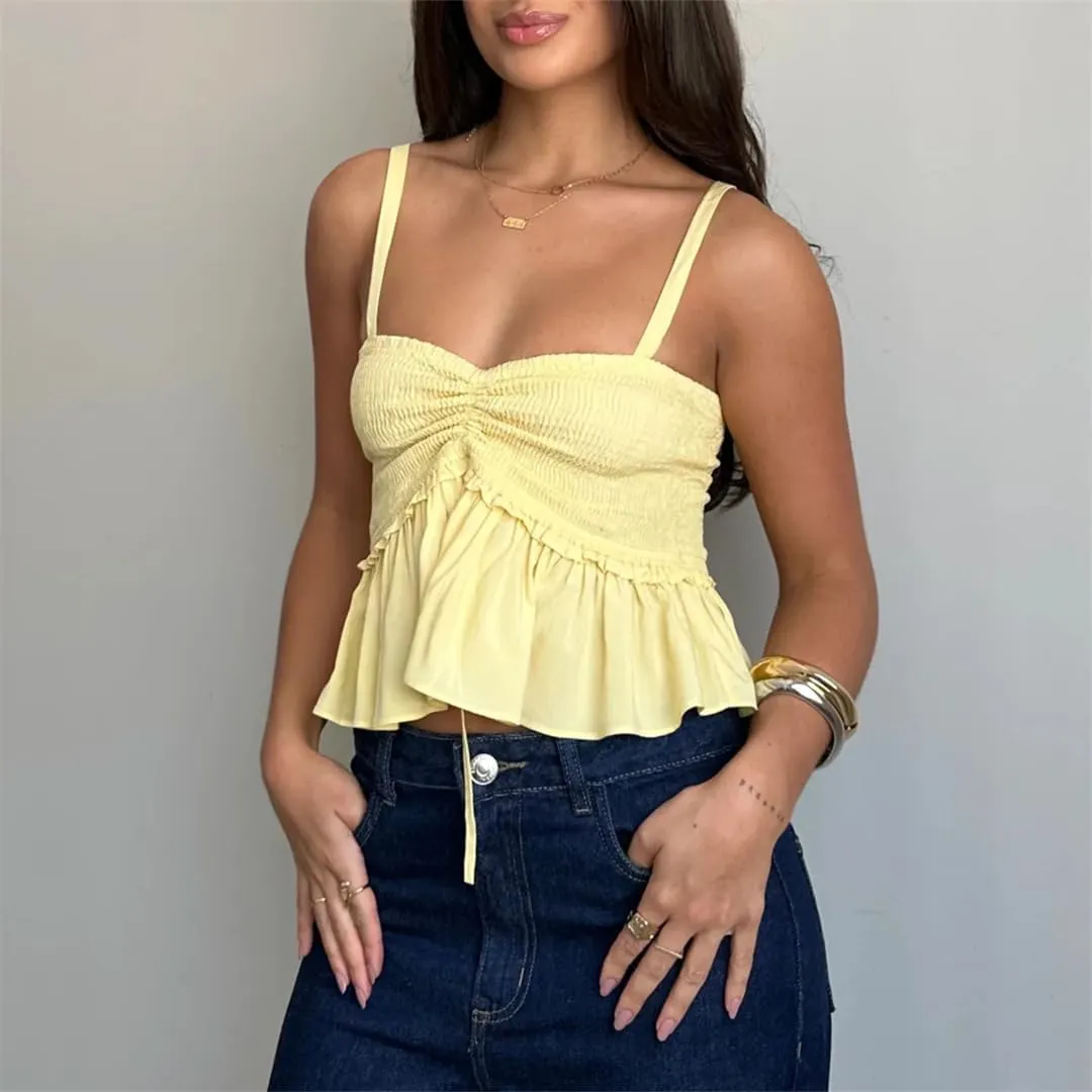Women Y2K Babydoll Peplum Cami Shirt Spaghetti Strap V Neck Ruffle Hem Camisole Sleeveless Tops