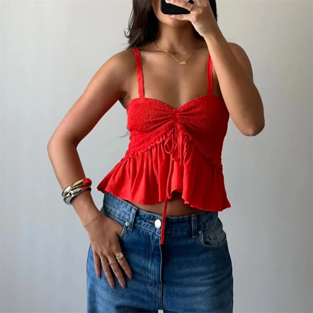 Women Y2K Babydoll Peplum Cami Shirt Spaghetti Strap V Neck Ruffle Hem Camisole Sleeveless Tops